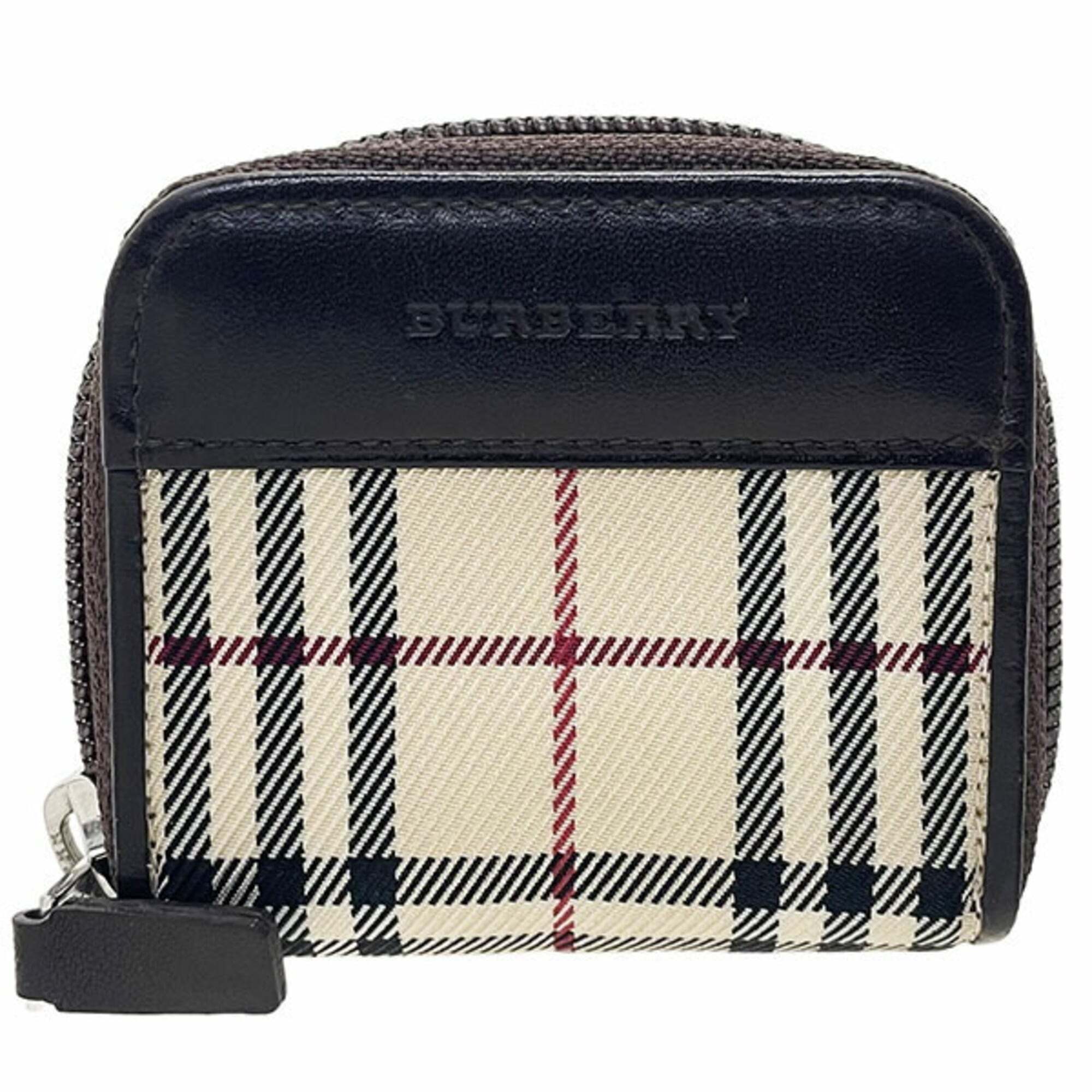 Burberry Check Double Zip Coin Case, Nylon & Leather, Beige Dark Brown, Round...